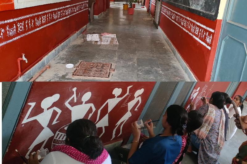 समाज सेवा शिविर में छात्राओं ने विद्यालय परिसर को आकर्षक मांडनों से सजाया